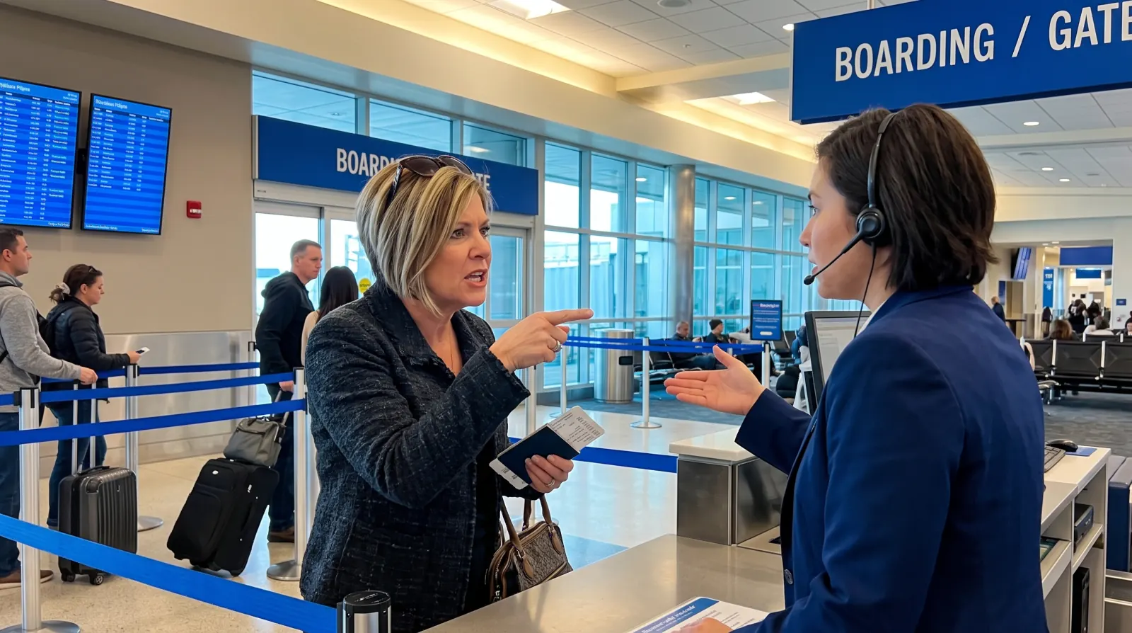 A woman holding her passport and boarding pass, pressing a gate agent at an airport boarding desk.