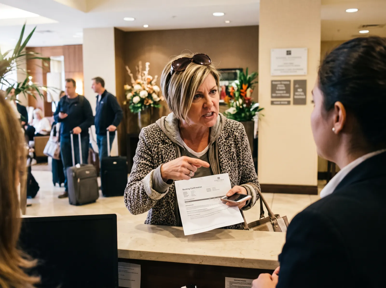 A woman at a hotel front desk holding up her booking confirmation and pointing at it while the clerk listens.