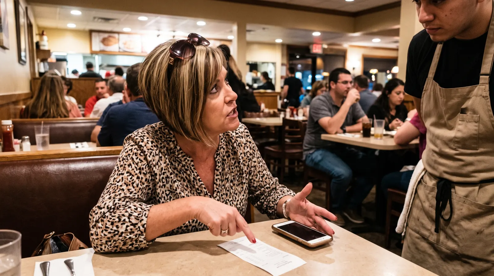 A woman at a diner booth tapping an itemised bill on the table while her server stands beside her.